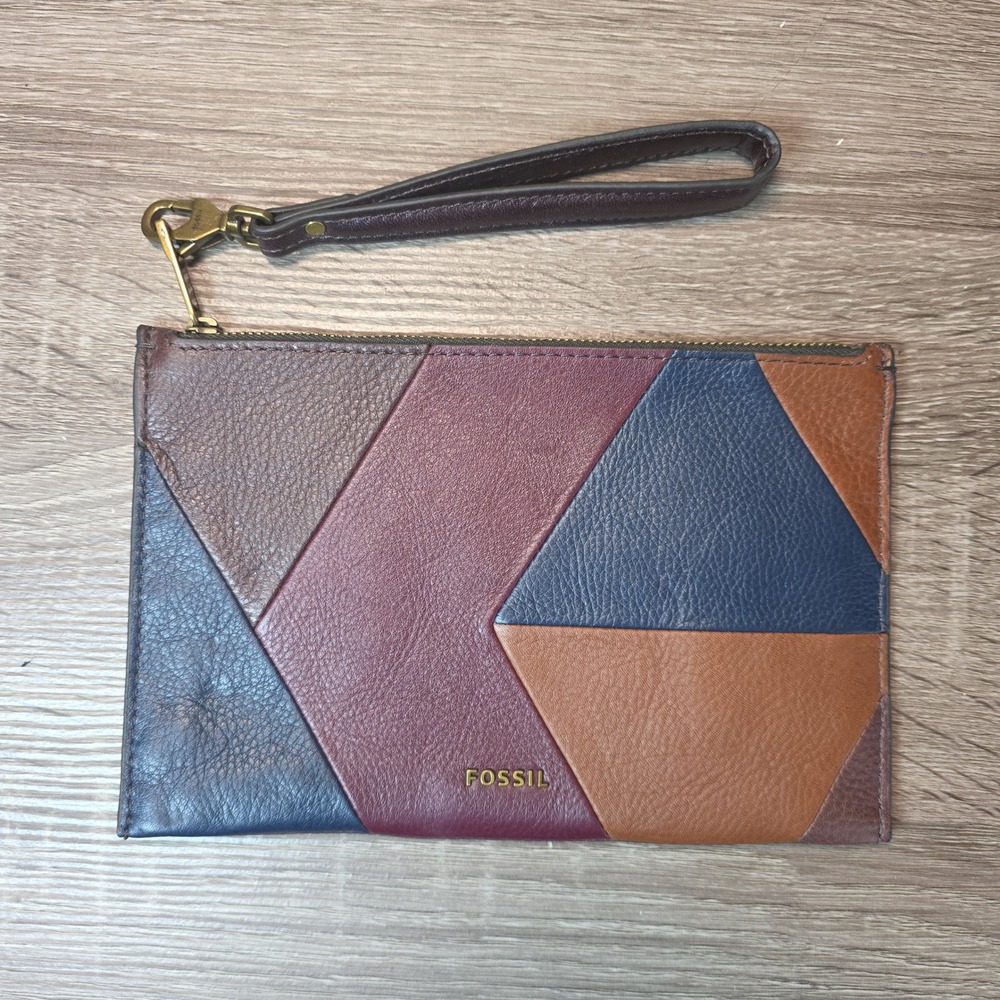 Vintage Fossil Leather Wristlet Clutch Patchwork Multicolor Zip Pouch Bag